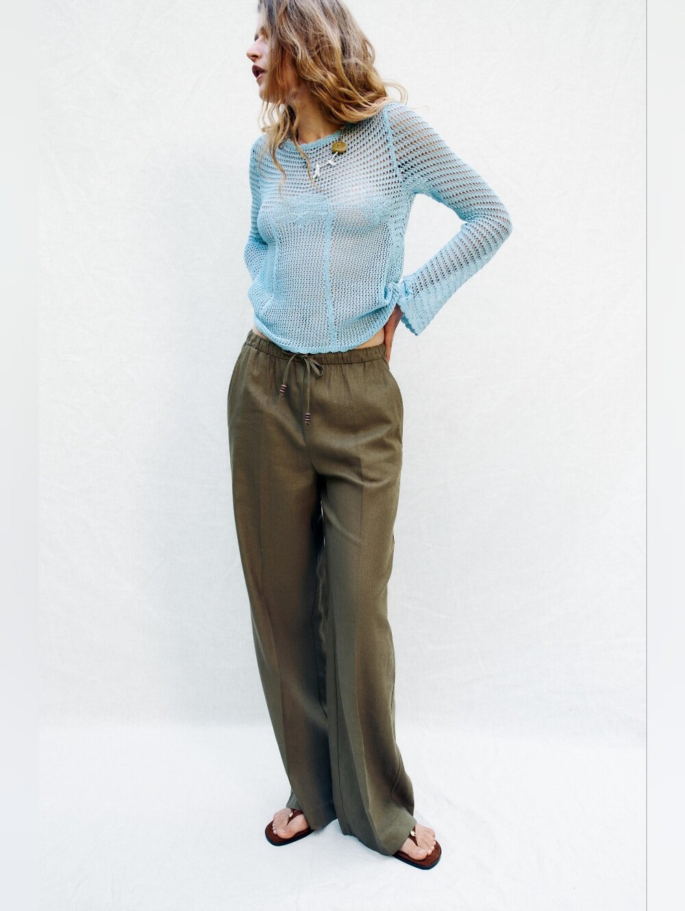 Zara Straight Linen Blend Trousers Olive Green Wide Leg Pull On Pants XL
